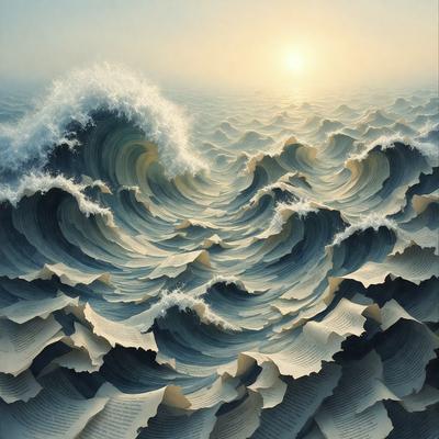 The primary subject of the image is a painting of a large body of water, featuring waves and a sunset in the background. The setting is a vast ocean, and the visual style is a combination of digital art and illustration. The colors and mood of the painting are predominantly blue and serene, creating a sense of calmness and tranquility.